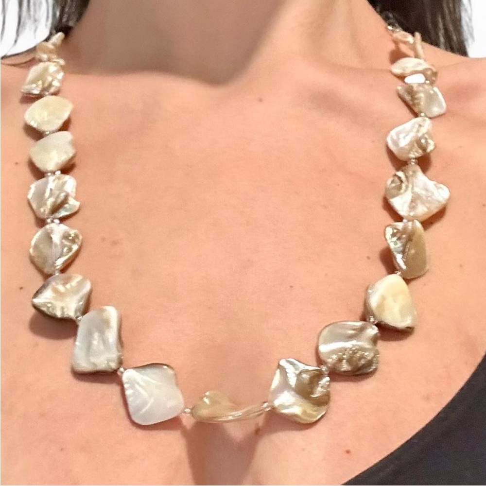Irregular iridescent Cream Brown Shell Long Necklace 31” adjustable black cord